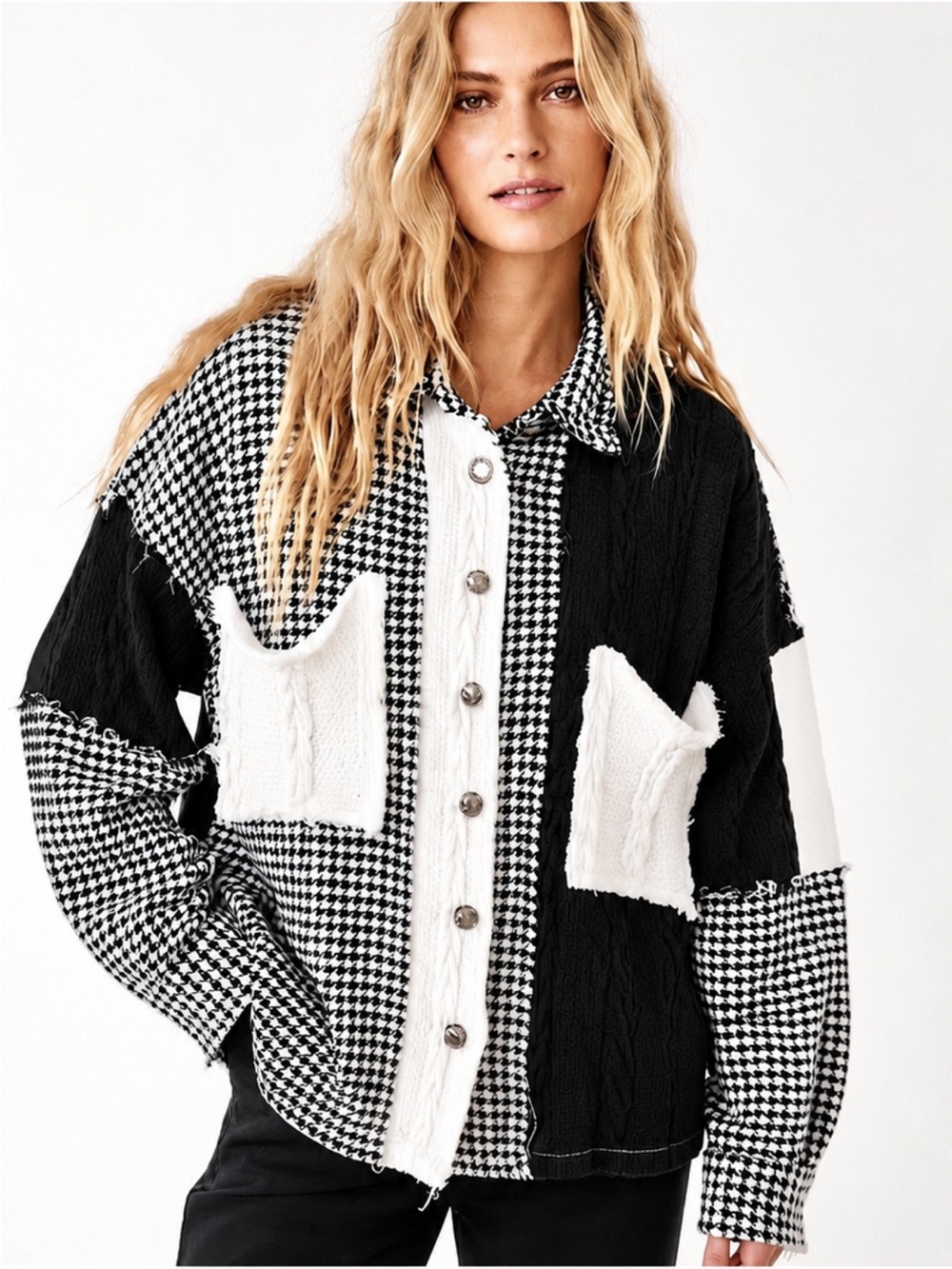 POL Black & White Patchwork Houndstooth Cable-Knit Cardigan Jacket